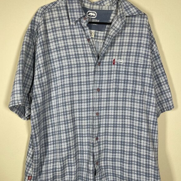 ecko unltd Men's Light Blue White Plaid Short Sleeve Button-Up Shirt XXL Cotton! - Picture 1 of 6